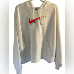 White Nike hoodie with orange/baby blue swoosh. Cropped 2X